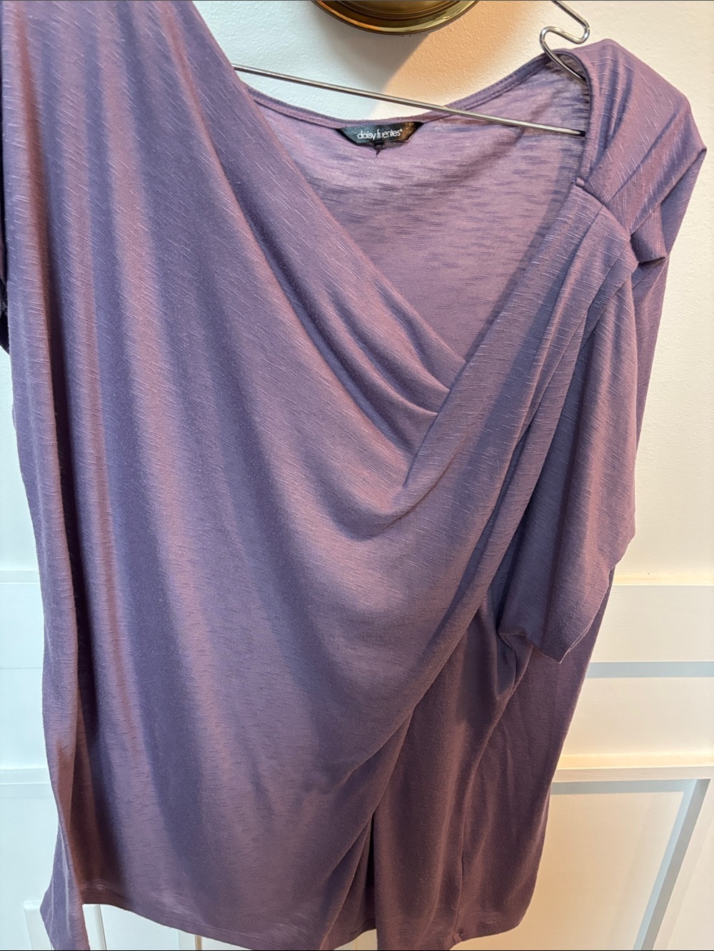 Daisy Fuentes draped cowl neck top in a heathered purple